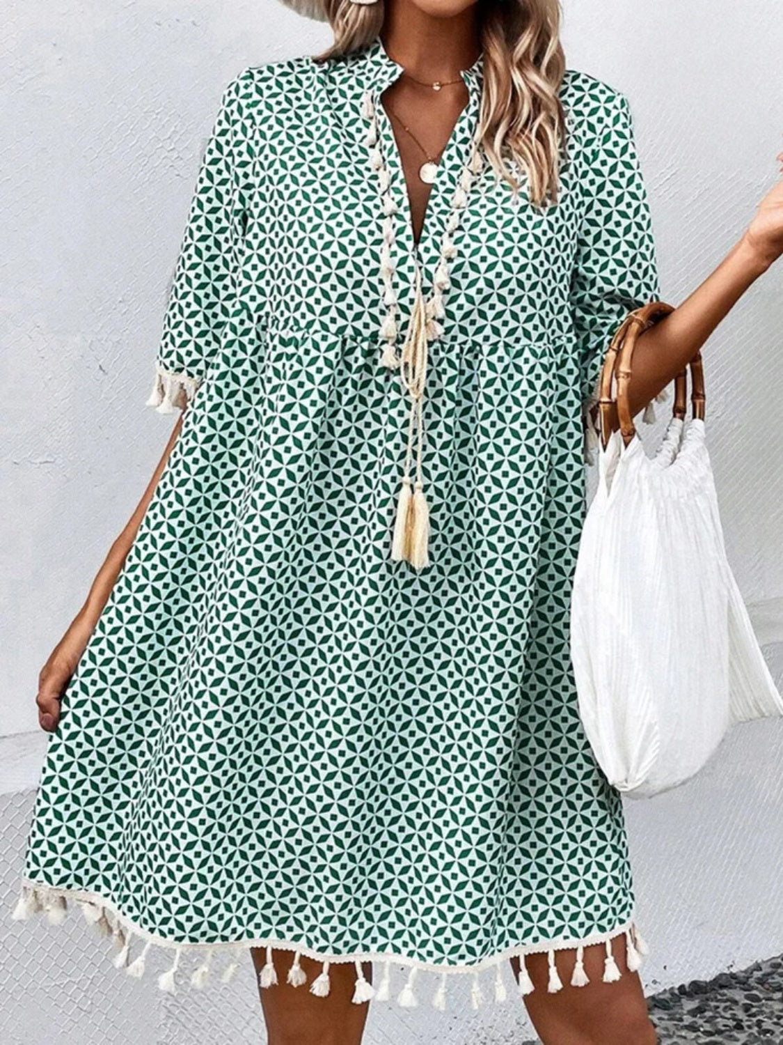 Tassel Printed Notched Half Sleeve Mini Dress - store name